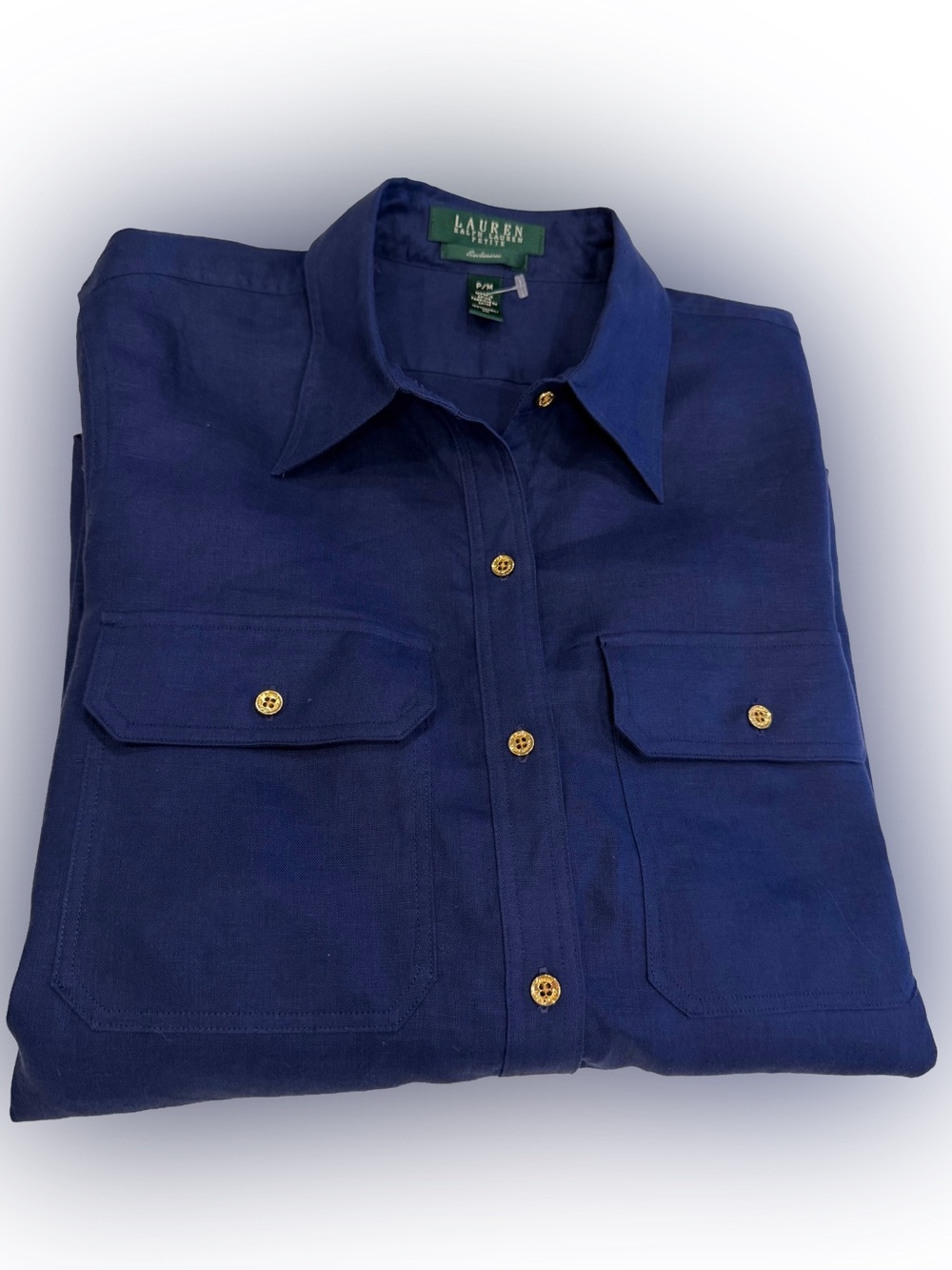 Lauren Ralph Women’s Linen Shirt Navy Blue Gold Button Down Womens Sz PM